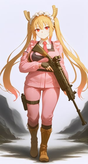 1girl, solo, long hair, looking at viewer, bangs, gloves, long sleeves, holding, hair between eyes, closed mouth, red eyes, jacket, full body, weapon, golden hair, boots, black gloves, pants, fingerless gloves, holding weapon, gun, pink jacket, holding gun, rifle, pink pants, one knee, sniper rifle, aiming, scope,tohru_\(maidragon\), smiling, street background