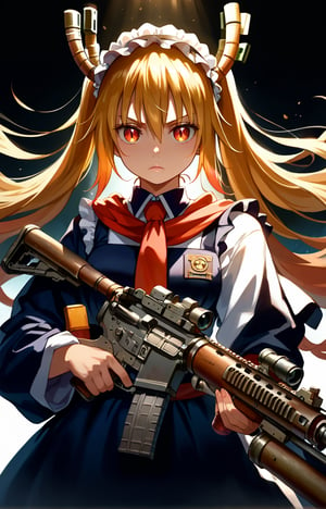 Ghibli studio anime style, a gorgeous woman dressed as a military, confidently aiming at viewer with a machine gun, detailed fair skin, photo-realistic, 8k, highly detailed, high detail RAW color art, , diffused soft lighting, hyperrealism, cinematic lighting, by hyper-realistic artist Kazuhiro Tsuji, fusion of Baroque and Art Nouveau styles with meticulous attention to detail. Soft lighting casts a dramatic shadow on the surrounding area, contrasting with her sexy fit figure.,score_9,score_8_up,score_7_up,source_anime,BREAK,aesthetic portrait,tohru_\(maidragon\), golden hair, red eyes,assault rifle, 1 girl,wielding a futuristic sniper rifle,ho1ding-weap0n,holding rifle,Military anime girl, aiming, guntou