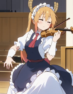 (Masterpiece, Top Quality), High Definition, Artistic Composition, 1 Woman, eyes closed, playing violin, tuxedo, concert hall, blurred background, dramatic,Tooru, tohru (maidragon)