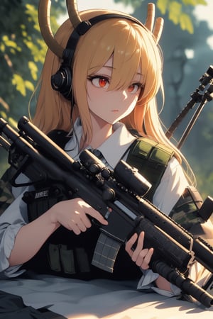 (masterpiece),(Highest quality),(High resolution),(Very detailed),One Woman,Japanese,golden Hair,Short Bob,Beautiful Eyes,Long eyelashes,Beautiful Hair,Beautiful Skin,whole body,BREAK(((aim at something with a sniper rifle))),((Close one eye and look through the scope))(Lying down),((Sniper Rifle)),Army Camouflage Uniform,Bulletproof vest, Combat Boots, Tactical Forster,Tactical Headset,(The background is a dense forest),(((Background Blur))),tohru_\(maidragon\), red eyes, two horns, holding sniper, guntou, aiming to viewer