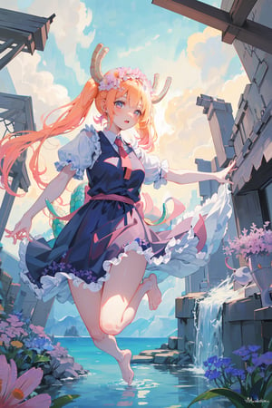 a girl jumping (point of view under her, under her feet), bare_feet, very pale skin, pink hair, background (flowers and water), tohru (maidragon) 