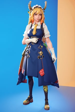 tohru (maidragon),full_body, (EmWat69), 1girl, female, portrait, yellow hair, long hair, (cycles render:1.3), caustics, blue background, (glossy:0.56), (artstation:0.81), unreal engine, fortnite,fortnite,tohru (maidragon)