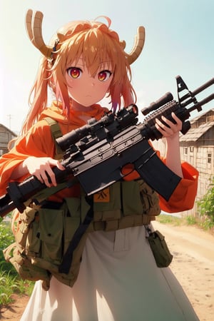 AWP | Dragon Lore (WW),tohru (maidragon) , holding_weapon, sniper, gun,Holding an assault rifle, looking at viewer, pointing the gun