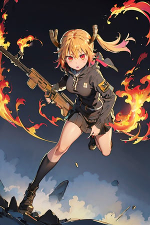 best quality, (masterpiece:1.2), highly detailed, girl,emerging from flames , full body , muscled , holding rifle , detail to the females , detailed weapons Be sure to emphasize the gritty and military aesthetic associated with the character.,Stylish,Portraittohru,black rock shooter (character),girl