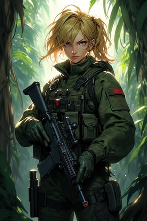 1girl, beautiful, serious expression, special forces, standing, full body, holding an assault rifle with both hands, looking at viewer, golden hair, ponytail, camouflage patterned combat uniforms, deep jungle, perfect detail, incredible detail, ultimate detail, detailed background, masterpiece, best quality, 8k, ultra-detailed, very clear, perfect anatomy, anatomically correct hands, detailed hair, detailed eyes, beautiful face, beautiful eyes, tohru (maidragon), red eyes, 