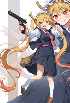 1girl,solo,tohru (maidragon), long hair, red eyes, golden hair, ahoge, one side up, ,skirt, school uniform, jacket,,score_9, score_8_up, score_7_up, source_anime, 1girl, , full body, zoom layer, on one gun, holding gun, [lora:NikkeProfileV2_XLPD:1],tohru_\(maidragon\)