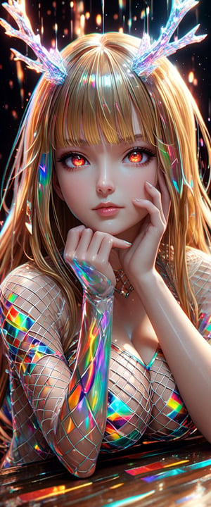 1girl, solo, long hair, breasts, looking at viewer, bangs, large breasts, cleavage, sitting, closed mouth, golden hair, red eyes, upper body, blunt bangs, lips, fishnets, head rest, fishnet top, colourful vfx, full vfx, dark vfx, tohru (maidragon)