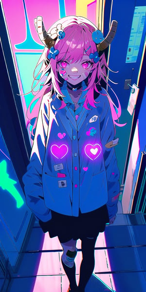 BEST QUALITY, HIGHRES, ABSURDRES, HIGH_RESOLUTION, MASTERPIECE, SUPER DETAIL, HYPER DETAIL, INTRICATE_DETAILS, LIGNE_CLAIRE, PERFECTEYES, DARK EYELASHES, EYELINER, SOFT GLOWING EYES,

1girl, solo, long hair, looking at viewer, smile, bangs, hair ornament, pink hair, heart, choker, pink eyes, grin, collar, english text, bandaid, heart hair ornament, bandaid on face, colorful, sticker, neon lights, blacklight, collared shirt, rolled up sleeve, business skirt, full_body, view from away, facing_viewer,tohru (maidragon)