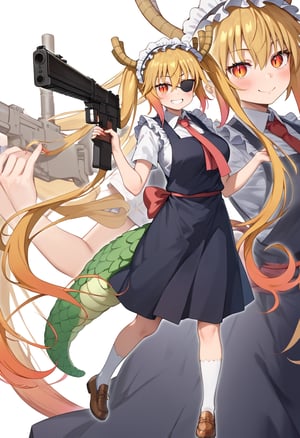 1girl,solo,tohru (maidragon), long hair, red eyes, golden hair, ahoge, one side up, eyepatch, medical eyepatch,skirt, school uniform, jacket,,score_9, score_8_up, score_7_up, source_anime, 1girl, , full body, zoom layer, on one gun, holding gun, [lora:NikkeProfileV2_XLPD:1],tohru_\(maidragon\)