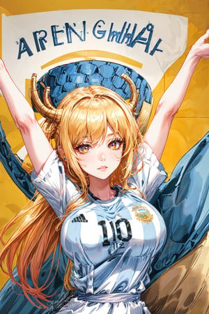 1_girl, (golden hair,yellow_hair, long_hair), red eyes, freckles, (colored skin),
 argentina sport shirt, argentina flag background, smiling, messi shirt, 1girl, solo_female, celebrating, arms up, tohru (maidragon)