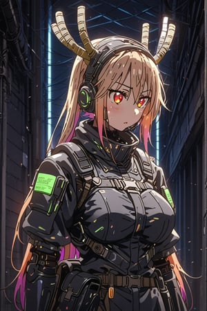 Masterpiece, 4K, ultra detailed, anime style, 1 beautiful busty female soldier wearing tactical headset and brown waist pack, glossy lips, armor plating with LED lights, SFW, alleyway with neon lighting, reflection, depth of field, cyber punk,tohru, two horns