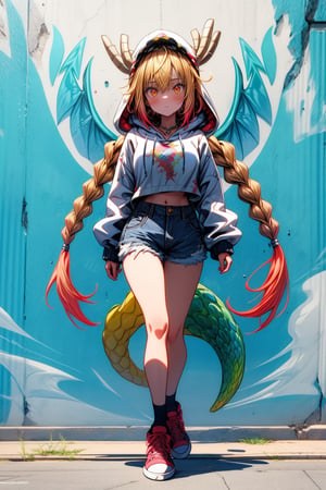 (masterpiece:1.1), (highest quality:1.1), (HDR:1.0), 1girl, perfect body, full leg dragon tattoos:1.5, braids, red, yellow cropped hoodie:0.5, cut off denim shorts:0.5, sneakers, attractive, stylish, tick gold chain necklace:0.5, designer, black, asymmetrical, graffiti, street art, Female, hmnc1, BJ_Violent_graffit, High detailed, walking, tohru (maidragon)
