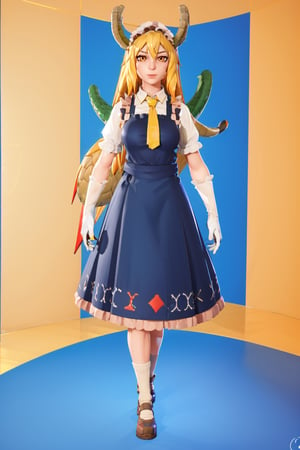 tohru (maidragon),full_body, (EmWat69), 1girl, female, portrait, yellow hair, long hair, (cycles render:1.3), caustics, blue background, (glossy:0.56), (artstation:0.81), unreal engine, fortnite,fortnite,tohru (maidragon), style_fortnite, emote_fortnite