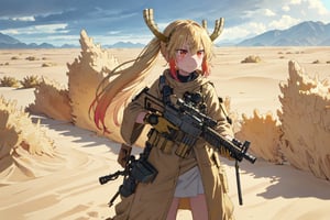 best quality, (masterpiece:1.2), highly detailed,girl holding (FS+ AR-13),(desert), sand,sand background,happy mouth,,1girl,solo,standing,yellow hair,,messy hair,sweat,,outdoors,desert background,,solo,stormy clouds,storm,sandstorm,guns,gun,rifle,(smirk),tohru