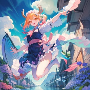 a girl jumping (point of view under her, under her feet), bare_feet, very pale skin, pink hair, background (flowers and water), tohru (maidragon) 