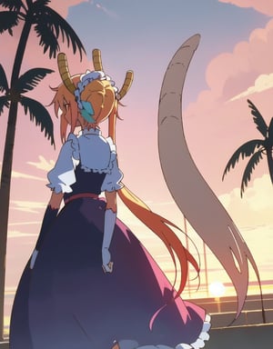 (masterpiece, top quality), high definition, artistic composition, 1 girl, 15 years old, pink magical girl, from behind, palms together in front of chest, looking away, from behind, back visible, sunset, backlit, dirty, tired, suspicious sky color,Tooru, tohru (maidragon)