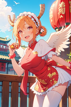 masterpiece, best quality, highres, aamika, halo, long hair, hair flower, angel wings, white wings, low wings, crescent, capelet, blue bow, frills, red Chinese dress, wrist scrunchie, white pantyhose, , leaning forward, standing,  Chinese new year, outdoors, smile, open mouth, red outfit, tohru (maidragon)

red theme, Chinese new year background, ,chinese lantern, red chinese decoration, chinese buildings,tohru
