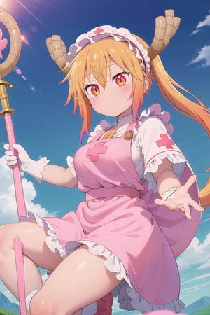 (masterpiece), fantasy, 1girl, guardian, medic, medium hair, orange hair, headband, pink clothes, white dress, short skirt, white apron, frill, white breastplate, cape, white gloves, staff, (red cross), first aid kit, ,tohru (maidragon)