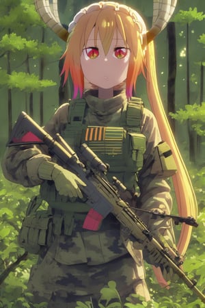 (masterpiece),(Highest quality),(High resolution),(Very detailed),One Woman,Japanese,golden Hair,longBob,Beautiful Eyes,Long eyelashes,Beautiful Hair,Beautiful Skin,whole body,BREAK(((aim at something with a sniper rifle))),(Lying down),((Sniper Rifle)),Army Camouflage Uniform,Bulletproof vest, Combat Boots, Tactical Forster,Tactical Headset,(The background is a dense forest),(((Background Blur))),tohru_\(maidragon\), red eyes, two horns, holding sniper, guntou, aiming to viewer,Assault rifle 