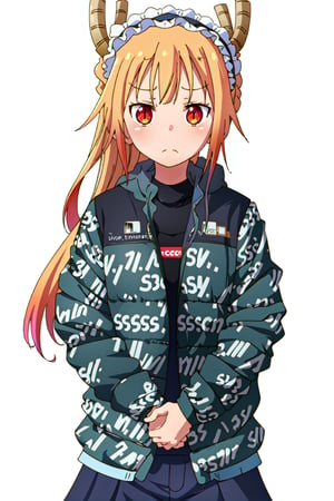 masterpiece,intricate details),1girl,mature female,sorrowful _face, BREAK tohru, black bow, blunt bangs, braid, fang, hair bow, hair over shoulder, long hair, drip jacket,white background, shirt, jacket, closed mouth, open clothes, black pants, pants, 1girl,  black shirt, looking at viewer, open jacket, solo, own hands together ,mudrock ,tooru_kobayashisanchinomaidragon