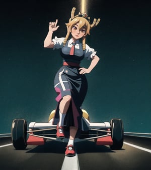 ((Masterpiece in full 16K resolution, art style inspired by Mario Kart 8 Deluxe with vibrant colors, crisp details and stunning textures.)) | Tohru is racing around a colorful and dynamic Mario Kart 8 Deluxe circuit, dressed in her traditional pink dress, gold adornments and a white crown. She is confident and determined, with bright blue eyes and a charming smile, as she expertly controls her kart. The scenario is full of ramps, tubes, power-ups and other characters from the Mario universe, creating a fun and lively atmosphere. Vivid lighting and dynamic shadows enhance the fast-paced action and sense of speed in the game. | Three-dimensional composition, dynamic camera angle, capturing the excitement of the race and the elegance of Tohru in action. | Motion and speed visual effects, such as scan lines and blurs, reinforce the feeling of high-speed racing. | ((Tohru in Mario Kart 8 Deluxe, dominating the track with style and grace.):1.4) | {The camera is positioned very close to her, revealing her entire body as she assumes a sensual pose, interacting with and leaning against a structure in the scene in an exciting way.} | She takes a (((sensual pose as she interacts, boldly leaning on a structure, leaning back in an exciting way))), (((((full-body_image))))), ((perfect_pose, perfect_anatomy, perfect_body)), ((perfect_finger, perfect_fingers, perfect_hand, perfect_hands, better_hands)), ((More Detail, ultra_detailed, Enhance)),Tooru, tohru (maidragon)