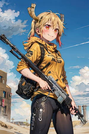 best quality, (masterpiece:1.2), highly detailed,girl holding (m1911 colt beretta glock acp k100 walther ppk luger parabellum 9x19mm handgun fn five-seven cartridge semi-automatic 45 pistol silencer handgrip stock safety trigger:1.1),(desert), sand,sand background,happy mouth,,1girl,solo,standing,yellow hair,,messy hair,sweat,,outdoors,explosion background,,solo,stormy clouds,storm,sandstorm,guns,gun,rifle,(smirk),tohru,weapon,CallOfDuty, weapon, sexypose, sniper, holding weapon, looking_at_viewer 