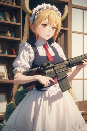 Holding an assault rifle,tohru, blonde hair, horns, Maid dress, 1girl, solo_female,Assault rifle, tohru (maidragon),Ultra details++ 