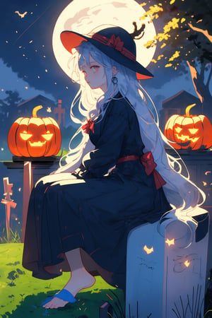 (masterpiece, best quality, highres), ultra resolution image, (solo), (1girl), niji, long hair, dress, bow, sitting, very long hair, white hair, barefoot, black dress, tree, night, bird, moon, grass, cross, fire, full moon, halloween, skull, lantern, fence, jack-o'-lantern, pumpkin, bare tree, tombstone, graveyard, midjourney, tohru (maidragon)