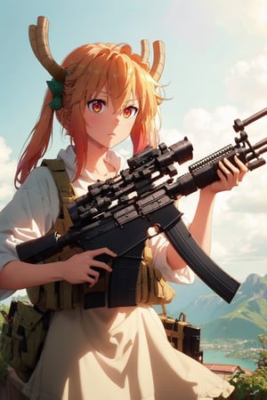 AWP | Dragon Lore (WW),tohru (maidragon) , holding_weapon, sniper, gun,Holding an assault rifle 
