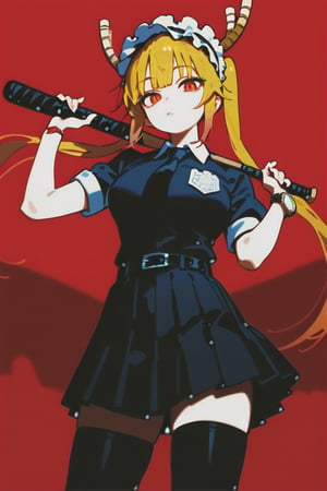 1girl, solo, long hair, looking at viewer, bangs, skirt, shirt, golden hair, thighhighs, holding, jewelry, closed mouth, standing, short sleeves, cowboy shot, pleated skirt, earrings, necktie, collared shirt, belt, black thighhighs, blunt bangs, black skirt, red eyes, lips, plaid, black shirt, plaid skirt, black necktie, red background, watch, black belt, wristwatch, baseball bat masterpiece, best quality, amazing quality, very aesthetic, absurdres, depth of field, score_9, score_8, score_7, score_6,tohru_\(maidragon\)