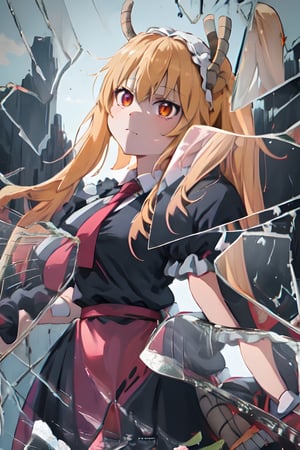 High Quality, Masterpiece, IncrsBrknGls, broken glass, reflection, , 1girl, tohru (maidragon), red eyes, long hair, golden hair, ,IncrsBrknGls,yaemikodef