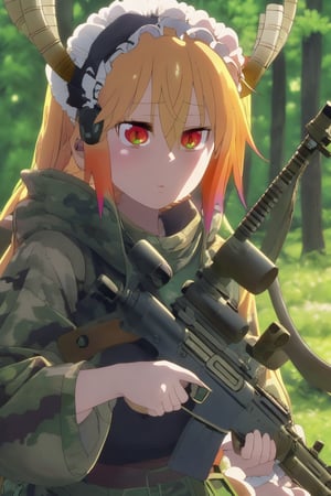 (masterpiece),(Highest quality),(High resolution),(Very detailed),One Woman,Japanese,golden Hair,longBob,Beautiful Eyes,Long eyelashes,Beautiful Hair,Beautiful Skin,whole body,BREAK(((aim at something with a sniper rifle))),((Close one eye and look through the scope))(Lying down),((Sniper Rifle)),Army Camouflage Uniform,Bulletproof vest, Combat Boots, Tactical Forster,Tactical Headset,(The background is a dense forest),(((Background Blur))),tohru_\(maidragon\), red eyes, two horns, holding sniper, guntou, aiming to viewer,Assault rifle 