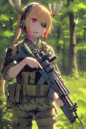 (masterpiece),(Highest quality),(High resolution),(Very detailed),One Woman,Japanese,golden Hair,longBob,Beautiful Eyes,Long eyelashes,Beautiful Hair,Beautiful Skin,whole body,BREAK(((aim at something with a sniper rifle))),((Close one eye and look through the scope))(Lying down),((Sniper Rifle)),Army Camouflage Uniform,Bulletproof vest, Combat Boots, Tactical Forster,Tactical Headset,(The background is a dense forest),(((Background Blur))),tohru_\(maidragon\), red eyes, two horns, holding sniper, guntou, aiming to viewer