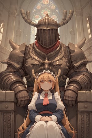 score_9, score_8, score_7, score_7_up, score_8_up, 1boy\(human, giant, tall, wearing madness armor and madness helmet\), sitting on his throne, interior castle, fantasy, 2d, anime, hetero, upper body,tohru_\(maidragon\)