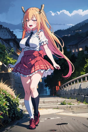 (full_body:1.4), Extremely anime style, high_res,

smile, panties, mature_woman, 27 years old, stern expression, frustrated, disappointed, flirty pose, sexy, looking at viewer, scenic view, REALISTIC, Masterpiece, high_res, best quality, a elegant medieval custon , portrait, hero pose, full body, (blonde hair with an orange gradient), captivating look , visual anime make by crunchroll and pivix ,very happy, excited, sexy pose,bare shoulders,  a anime girl idol pose, long blonde hair, degrade blonde with orange hair,  white dress with red detailed, tight dress, full breasts, wide hips, short red skirt with gold details and black ruffles, long white socks matching white shoes, open mouth, big eyes looking straight ahead,perfect, long hair,1girl, tohru (maidragon)