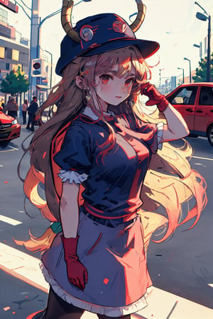 A girl, long hair, brunette, glasses, hat, red t-shirt, gloves, standing, street, high rise, traffic light, vehicle, crosswalk, disdainful, tohru (maidragon)