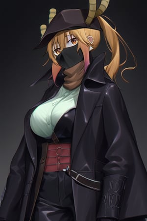  Tohru_(Maidragon),leather coat, long coat, leather pants,hunter hat, hunter garb, hunter gloves,hunter trousers, facemask