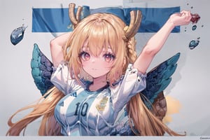 1_girl, (golden hair,yellow_hair, long_hair), red eyes, freckles, (colored skin),
 argentina sport shirt, argentina flag background, smiling, messi shirt, 1girl, solo_female, celebrating, arms up, tohru (maidragon)