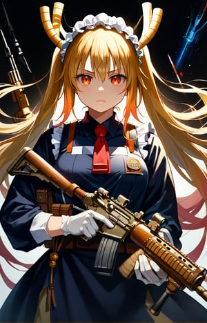 Ghibli studio anime style, a gorgeous woman dressed as a military, confidently aiming at viewer with a machine gun, detailed fair skin, photo-realistic, 8k, highly detailed, high detail RAW color art, , diffused soft lighting, hyperrealism, cinematic lighting, by hyper-realistic artist Kazuhiro Tsuji, fusion of Baroque and Art Nouveau styles with meticulous attention to detail. Soft lighting casts a dramatic shadow on the surrounding area, contrasting with her sexy fit figure.,score_9,score_8_up,score_7_up,source_anime,BREAK,aesthetic portrait,tohru_\(maidragon\), golden hair, red eyes,assault rifle, 1 girl,wielding a futuristic sniper rifle,ho1ding-weap0n,holding rifle,Military anime girl