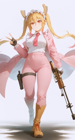 1girl, solo, long hair, looking at viewer, bangs, gloves, long sleeves, holding, hair between eyes, closed mouth, red eyes, jacket, full body, weapon, golden hair, boots, black gloves, pants, fingerless gloves, holding weapon, gun, pink jacket, holding gun, rifle, pink pants, one knee, sniper rifle, aiming, scope,tohru_\(maidragon\), smiling, street background,Nyantcha style 