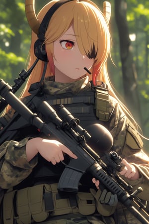 (masterpiece),(Highest quality),(High resolution),(Very detailed),One Woman,Japanese,golden Hair,longBob,Beautiful Eyes,Long eyelashes,Beautiful Hair,Beautiful Skin,whole body,BREAK(((aim at something with a sniper rifle))),((Close one eye and look through the scope))(Lying down),((Sniper Rifle)),Army Camouflage Uniform,Bulletproof vest, Combat Boots, Tactical Forster,Tactical Headset,(The background is a dense forest),(((Background Blur))),tohru_\(maidragon\), red eyes, two horns, holding sniper, guntou, aiming to viewer,Assault rifle 