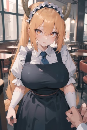 BEST QUALITY, HIGHRES, ABSURDRES, HIGH_RESOLUTION, MASTERPIECE, SUPER DETAIL, HYPER DETAIL, INTRICATE_DETAILS, LIGNE_CLAIRE, PERFECTEYES, DARK EYELASHES, EYELINER, SOFT GLOWING EYES,

large_breasts, looking_at_viewer, cafe, tohru (maidragon), full_body, hand_pov
