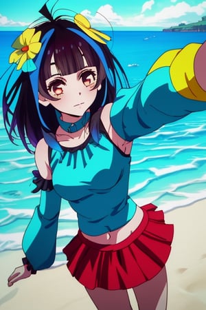 hight quality,(long shot),1080P, beautiful face,1girl,solo,selfie,in a light blue swimsuit, with day beach in the background, Mini Yaemori from rent a girlfriend, hair ornament, center opening, navel, midriff, skirt, detached sleeves