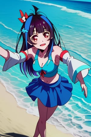 hight quality,(long shot),1080P, beautiful face,1girl,solo,selfie,in a light blue swimsuit, with day beach in the background, Mini Yaemori from rent a girlfriend, hair ornament, center opening, navel, midriff, skirt, detached sleeves
