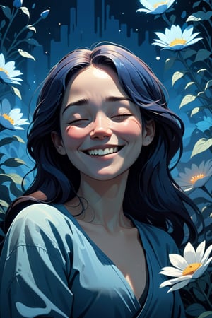 It generates a high-quality cinematic image, extreme detail, ultra definition, extreme realism, high-quality lighting, 16k UHD, a vector illustration of a woman at peace smiling with a hand on her face as if resting in blue tones for a meditation application, lofi style in the style of Keith Negley, Mike Mignola, Jon Klassen. with flowers and abstract elements around