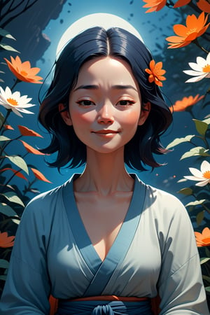 Generate a cinematic image of high quality, extreme detail, ultra definition, extreme realism, high quality lighting, 16k UHD, a vector illustration of a woman in zen mode, related to meditation and calm smiling blue and orange tones for a meditation application but lofi style in the style of Keith Negley, Mike Mignola, Jon Klassen. With flowers and abstract elements around, the time of day is morning, with sunshine