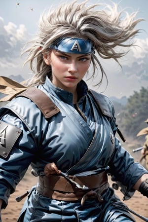 (HYPER-REALISTIC PHOTO) HE CREATES A WOMAN IN WAR CLOTHES, HER HAIR COLOR IS DARK, SHE HAS IT LOOSE AND MOVING, HER FACE IS BEAUTIFUL, SHE HAS A SWORD IN HER HAND (THE SUPER REALISTIC HAND WITH NO MISTAKES) SHE IS IN MOTION, WITH THE CAMERA 