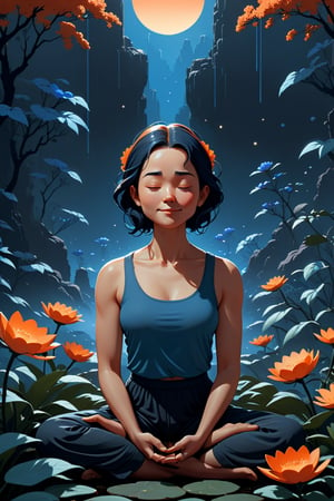 Generate a cinematic image of high quality, extreme detail, ultra definition, extreme realism, high quality lighting, 16k UHD, a vector illustration of a woman in zen mode, related to meditation and calm smiling blue and orange tones for a meditation application but lofi style in the style of Keith Negley, Mike Mignola, Jon Klassen. With flowers and abstract elements around, the time of day is the afternoon The sun is setting