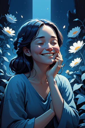 It generates a high-quality cinematic image, extreme detail, ultra definition, extreme realism, high-quality lighting, 16k UHD, a vector illustration of a woman at peace smiling with a hand on her face as if resting in blue tones for a meditation application, lofi style in the style of Keith Negley, Mike Mignola, Jon Klassen. with flowers and abstract elements around
