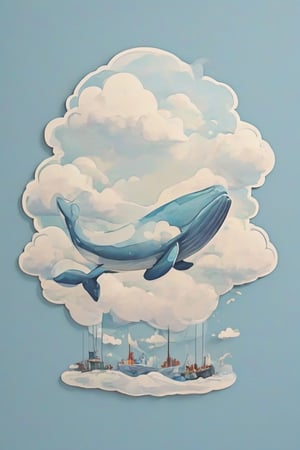  Create a big whale, suspended in the air, in the sky, between clouds, the clouds ,sticker